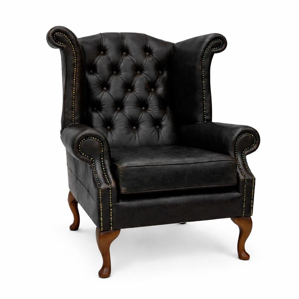 Handmade Italian Leather Queen Anne Wingback Chair – Deep Buttoned UK Armchair