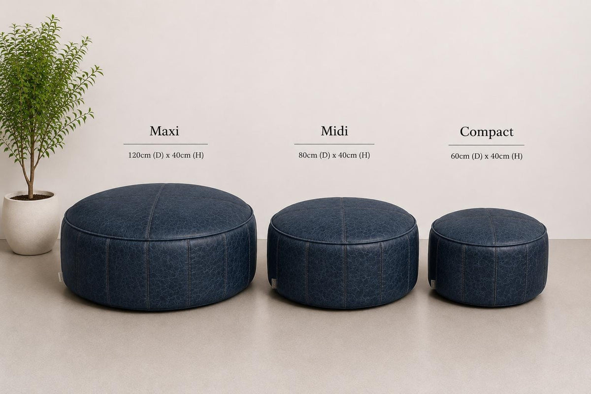Handmade Round Italian Leather Bean Bag Footstool, Piped Pouffe Ottoman UK