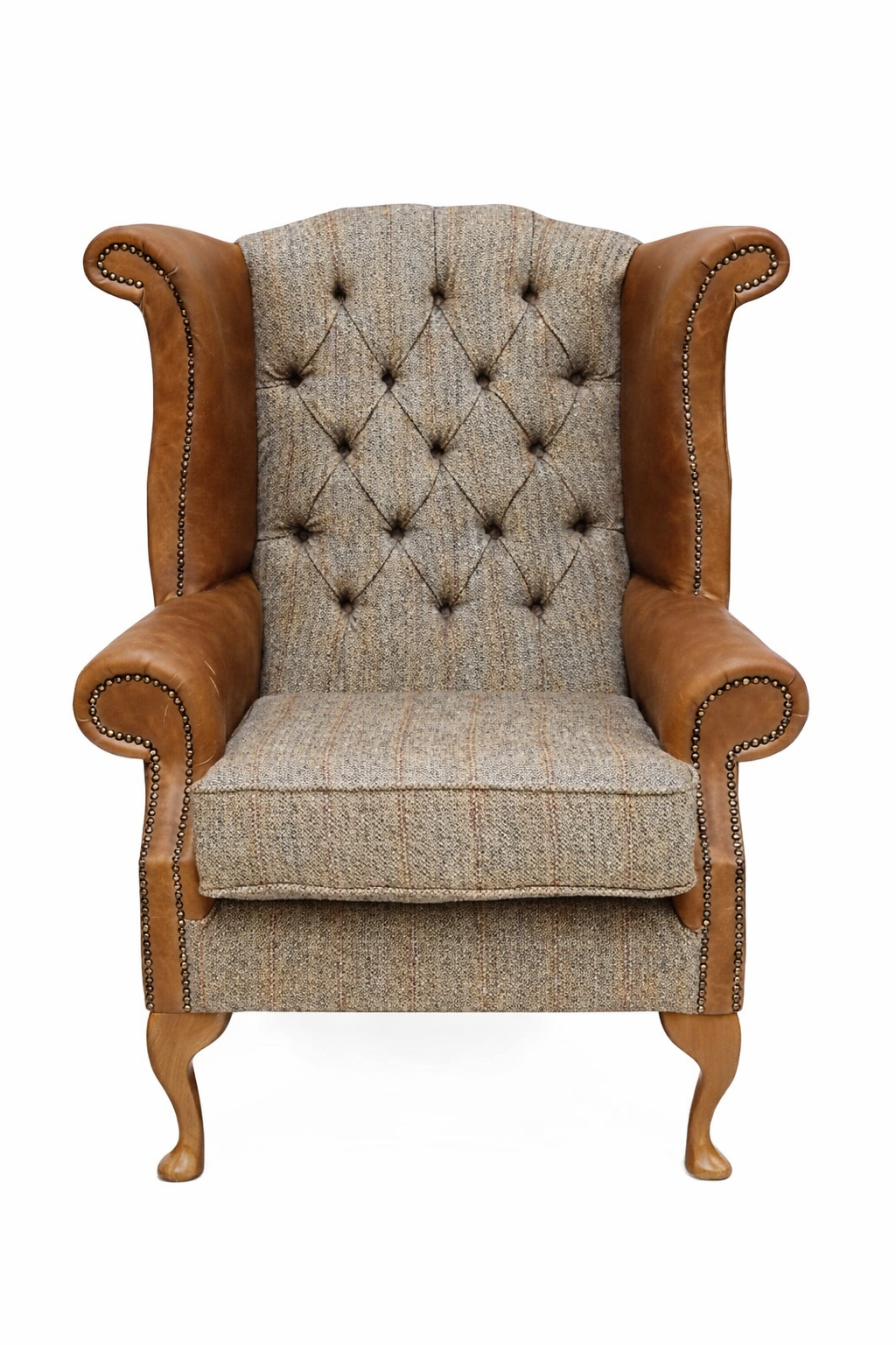 Queen Anne Fireside Wing Chair | Harris Tweed & Italian Leather | Handmade in the UK