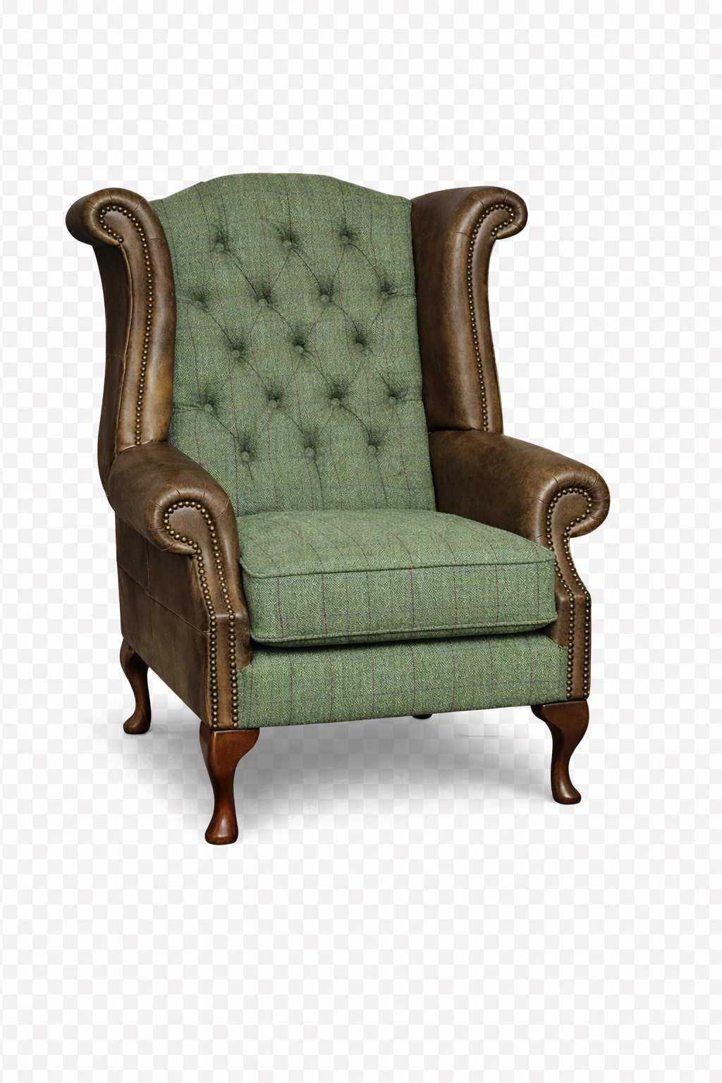Queen Anne Fireside Wing Chair | Harris Tweed & Italian Leather | Handmade in the UK