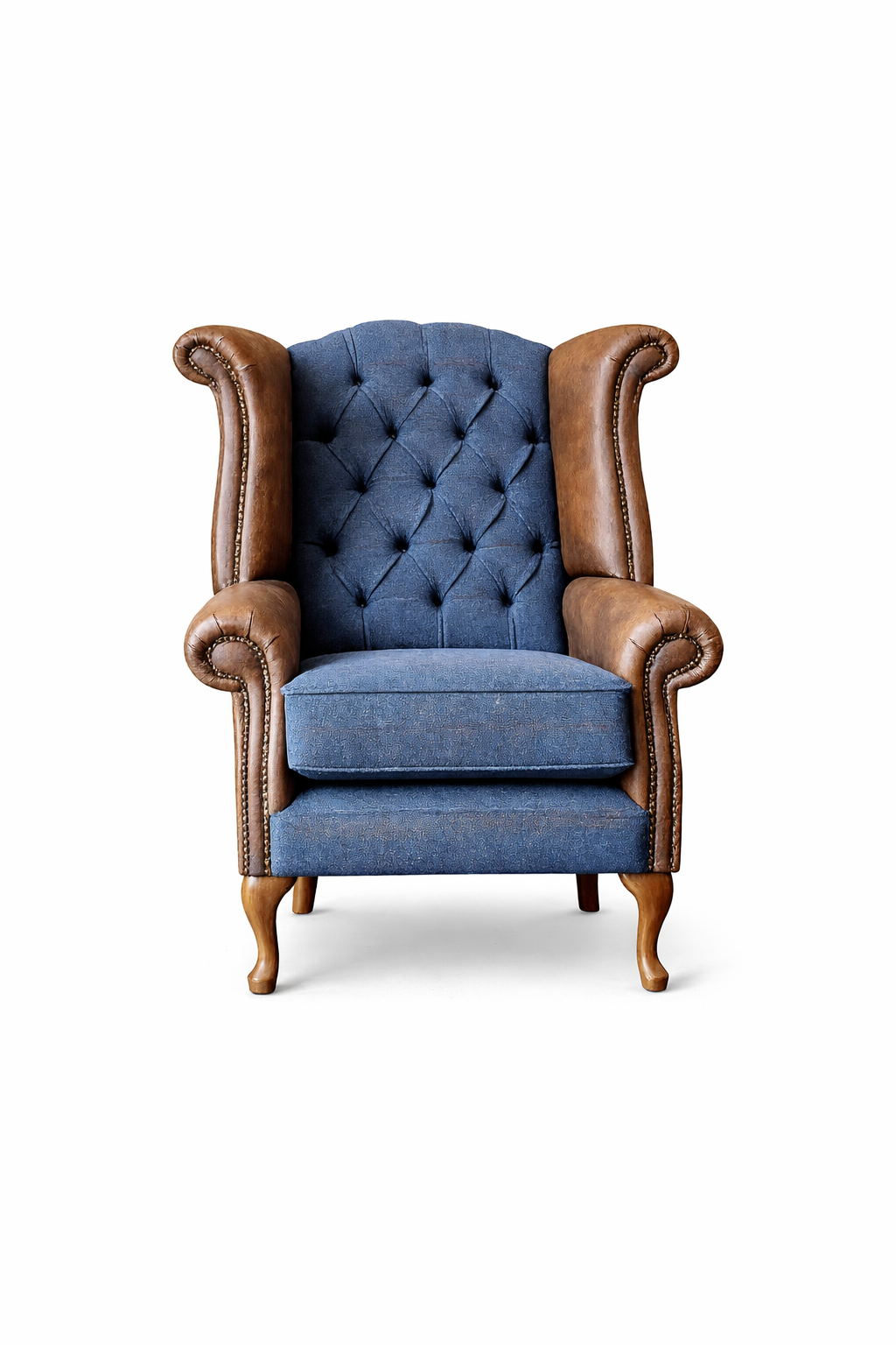 Queen Anne Fireside Wing Chair | Harris Tweed & Italian Leather | Handmade in the UK
