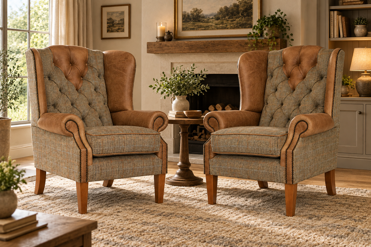 The Berkley – Pair of Harris Tweed & Italian Leather Wingback Armchairs