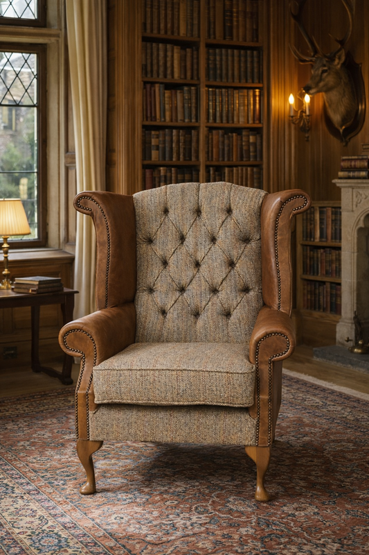 Queen Anne Fireside Wing Chair | Harris Tweed & Italian Leather | Handmade in the UK