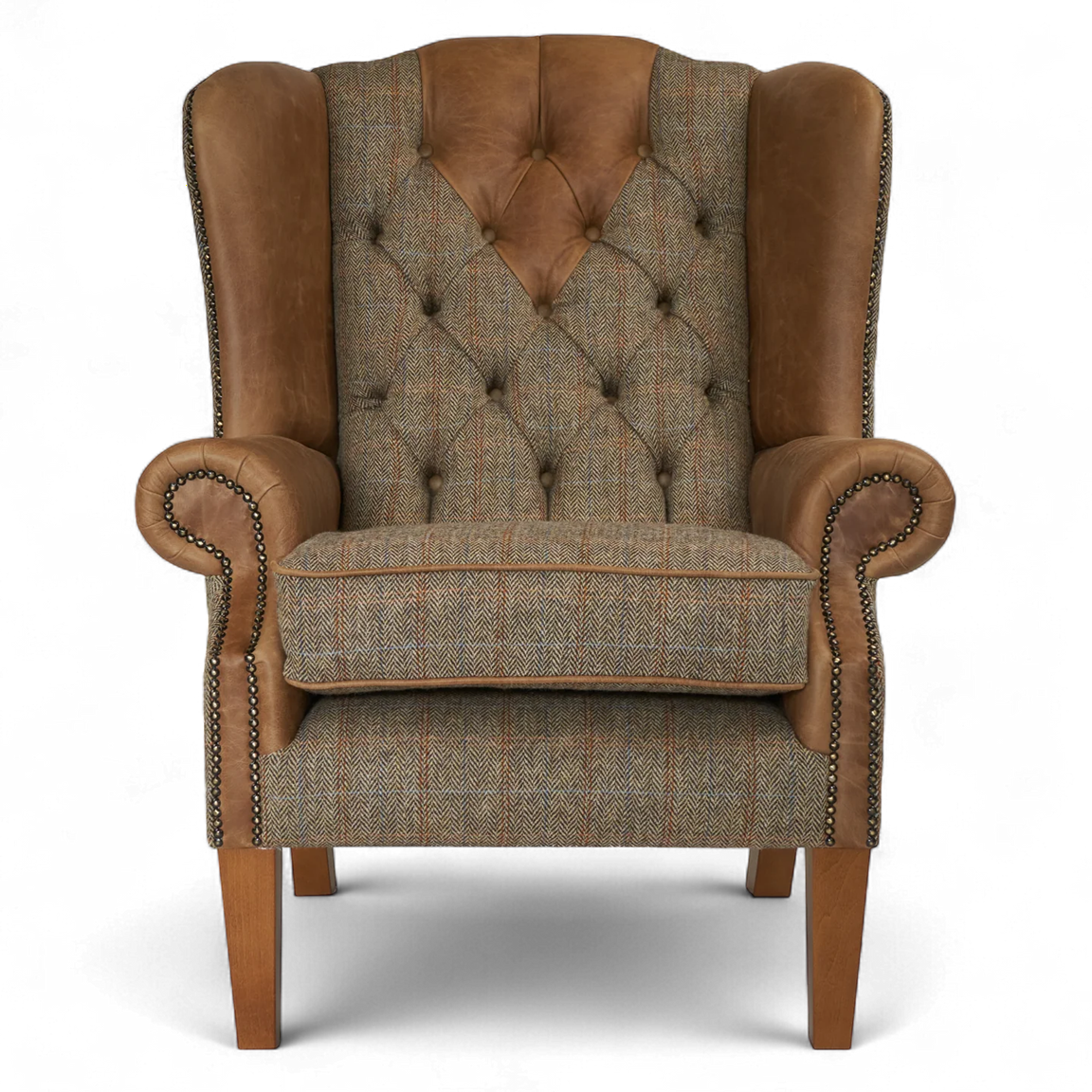 The Berkley – Pair of Harris Tweed & Italian Leather Wingback Armchairs