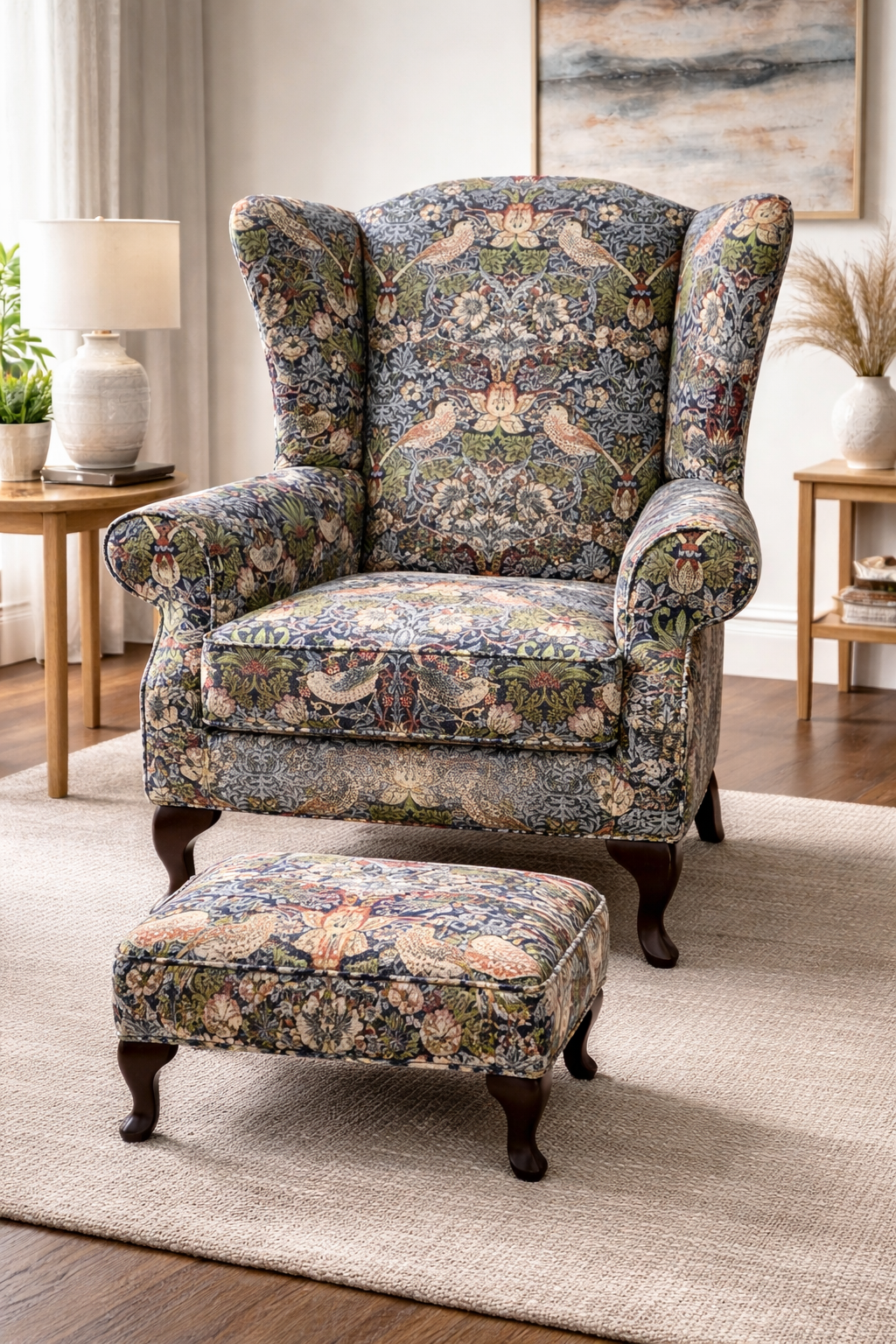 Buckingham Fireside Wingback Chair in William Morris “Strawberry Thief” Fabric – Handmade UK Luxury Armchair