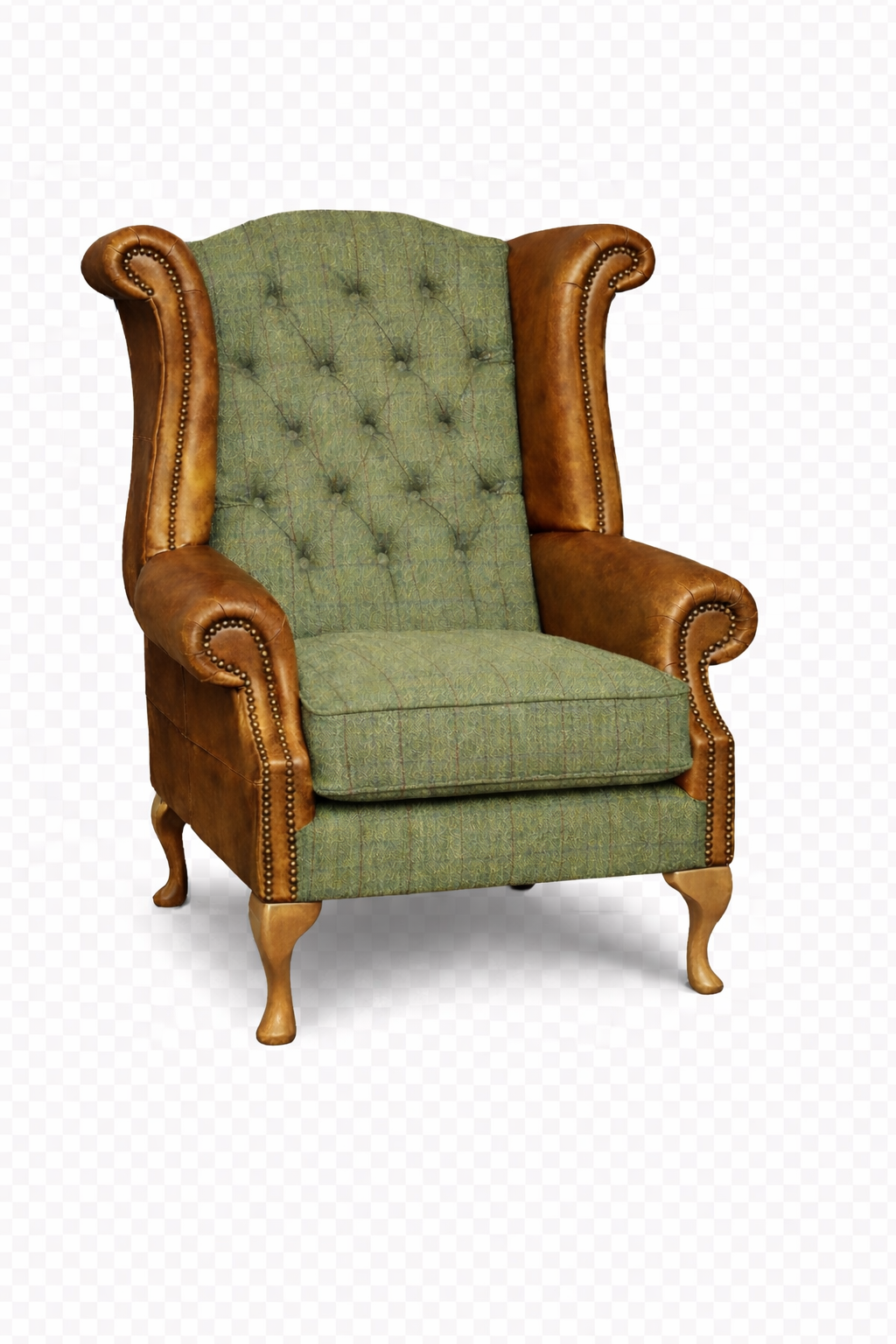 Queen Anne Fireside Wing Chair | Harris Tweed & Italian Leather | Handmade in the UK