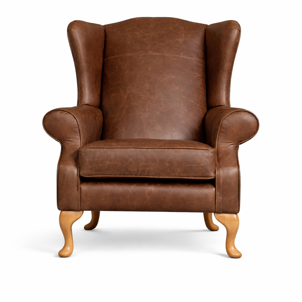 Windsor Handmade Fireside Chair – Italian Distressed Leather Armchair - Plain Back - Made in the UK