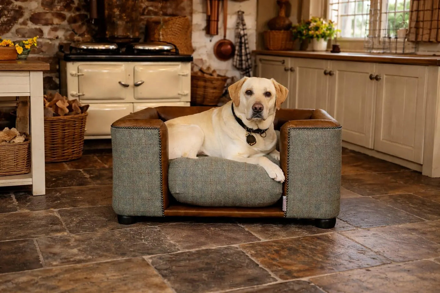 Oscar Luxury Harris Tweed & Italian Leather Dog Bed – Handcrafted Comfort
