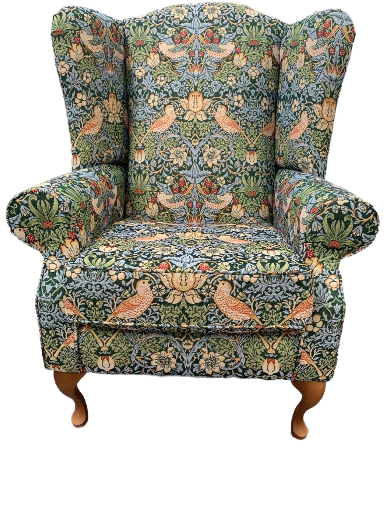 Buckingham Fireside Wingback Chair in William Morris “Strawberry Thief” Fabric – Handmade UK Luxury Armchair