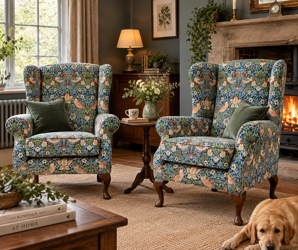 The Denby – Pair of William Morris Strawberry Thief Wingback Armchairs
