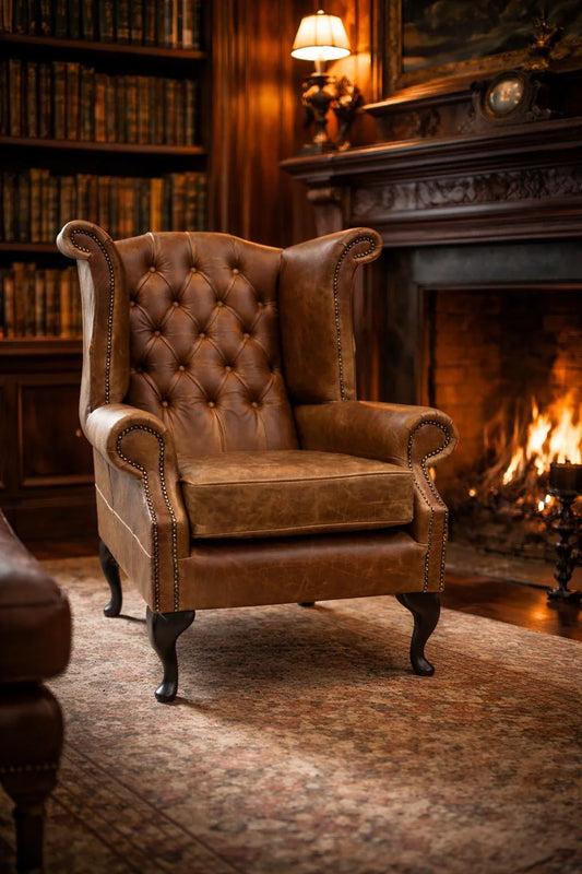 Queen Anne Wingback Chair – Handmade UK Fireside Armchair in Luxury Upholstery