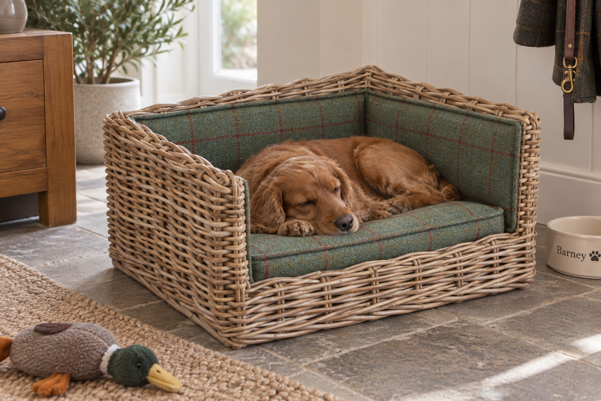 Harris Tweed Wicker Dog Bed – Hand Upholstered by Klassic