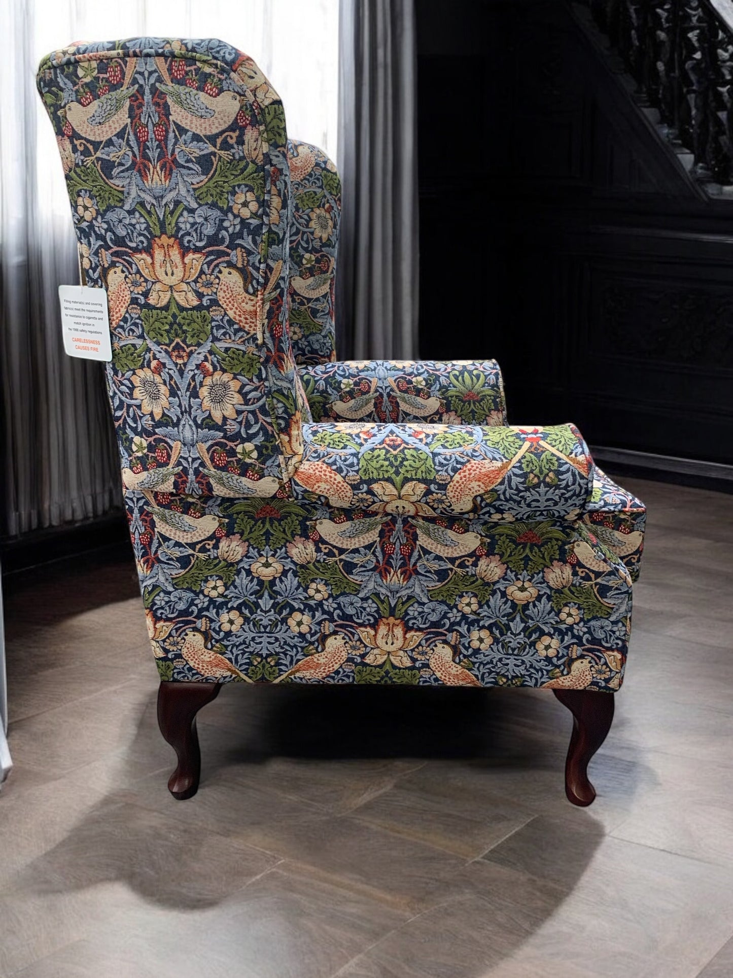 Buckingham Fireside Wingback Chair in William Morris “Strawberry Thief” Fabric – Handmade UK Luxury Armchair