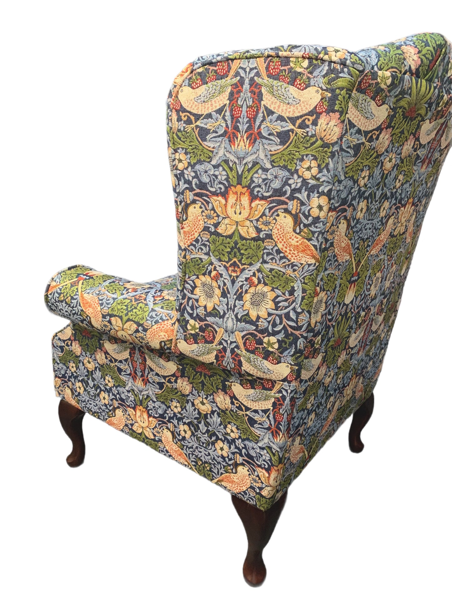 Buckingham Fireside Wingback Chair in William Morris “Strawberry Thief” Fabric – Handmade UK Luxury Armchair