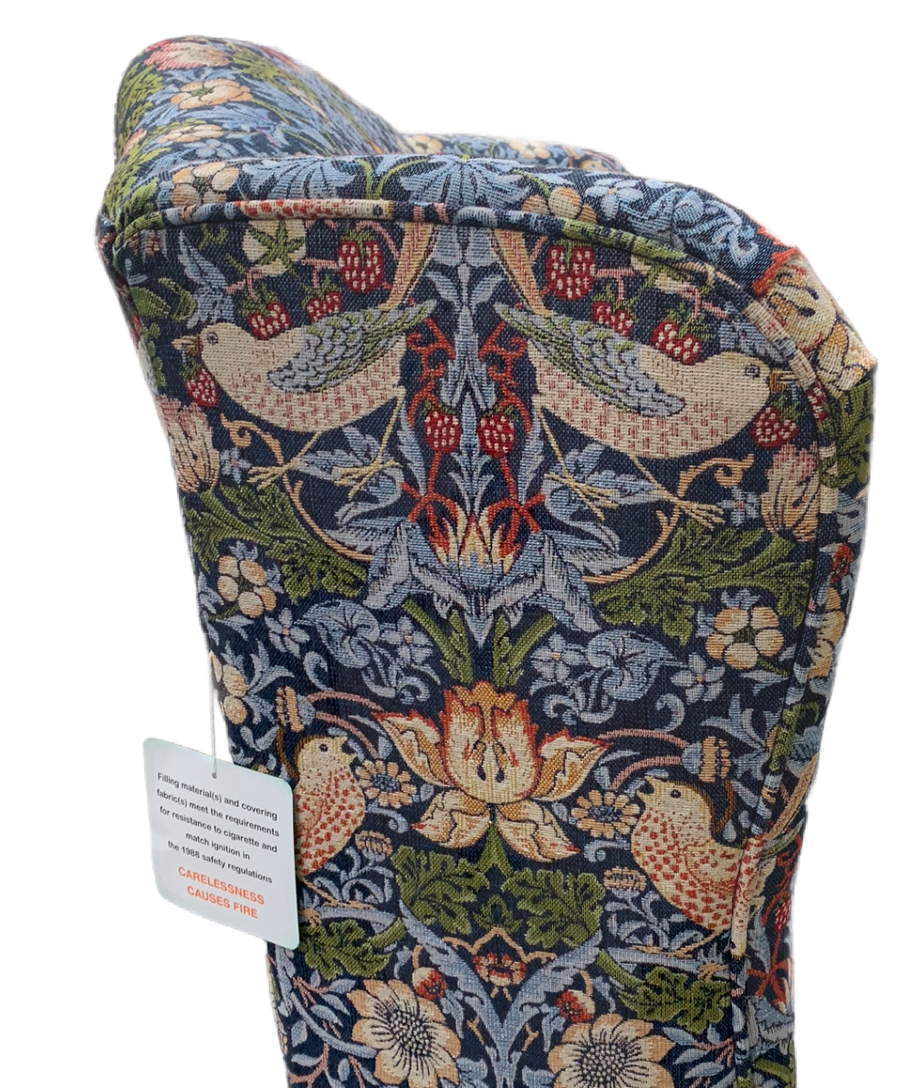 Buckingham Fireside Wingback Chair in William Morris “Strawberry Thief” Fabric – Handmade UK Luxury Armchair
