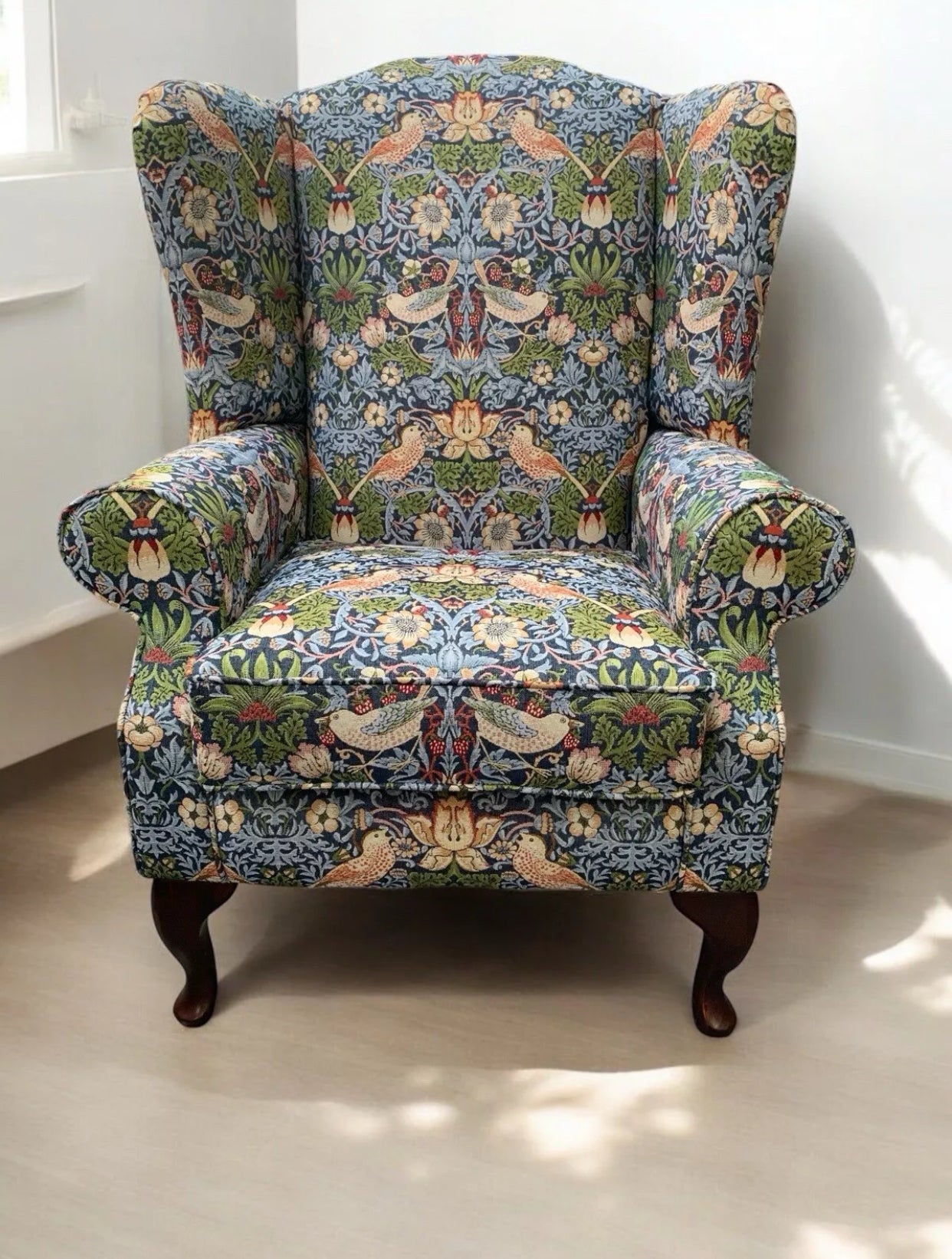 Buckingham Fireside Wingback Chair in William Morris “Strawberry Thief” Fabric – Handmade UK Luxury Armchair