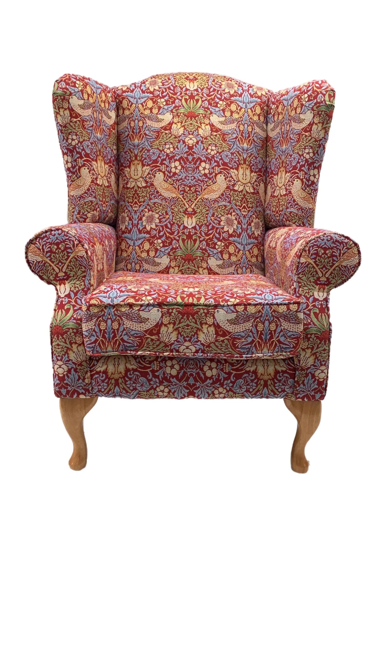 Buckingham Fireside Wingback Chair in William Morris “Strawberry Thief” Fabric – Handmade UK Luxury Armchair