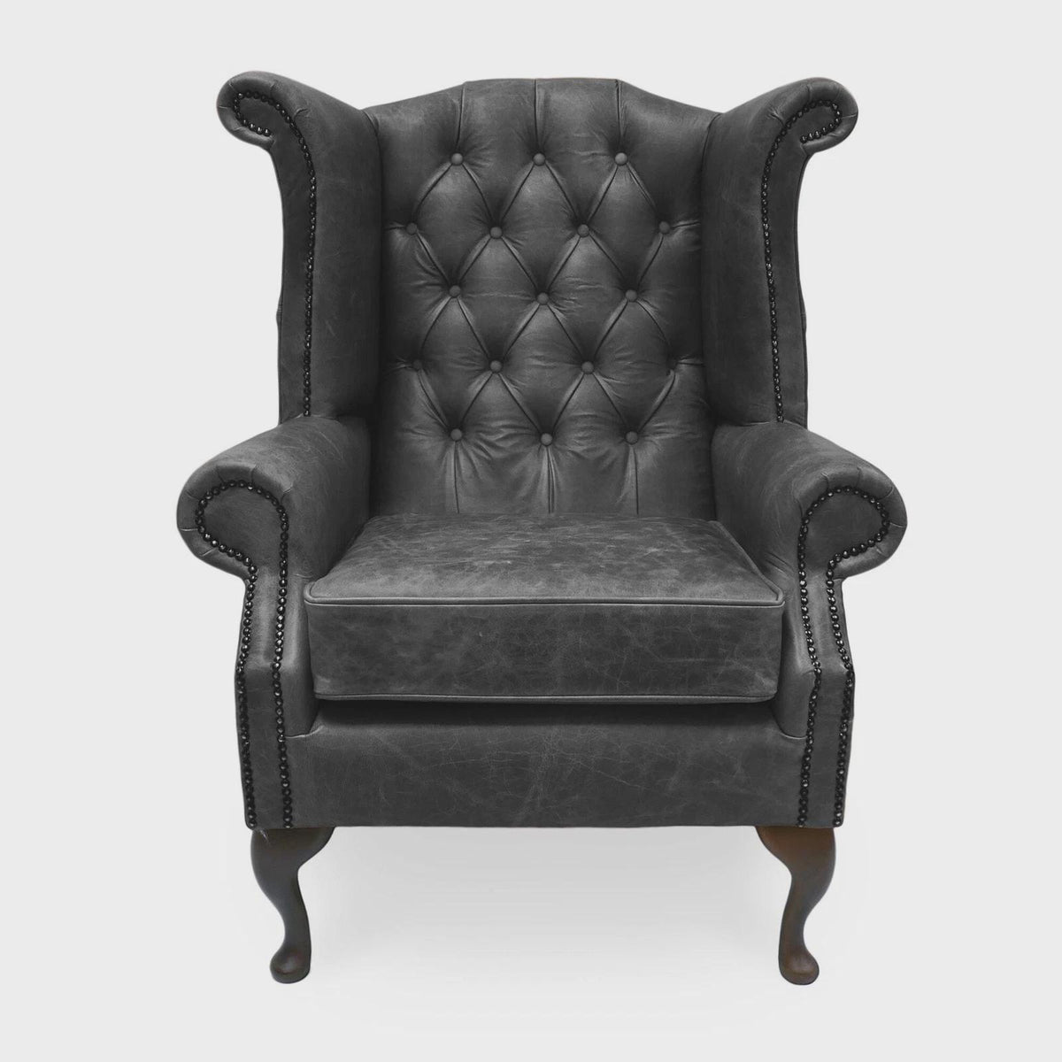 Handmade Italian Leather Queen Anne Wingback Chair – Deep Buttoned UK Armchair