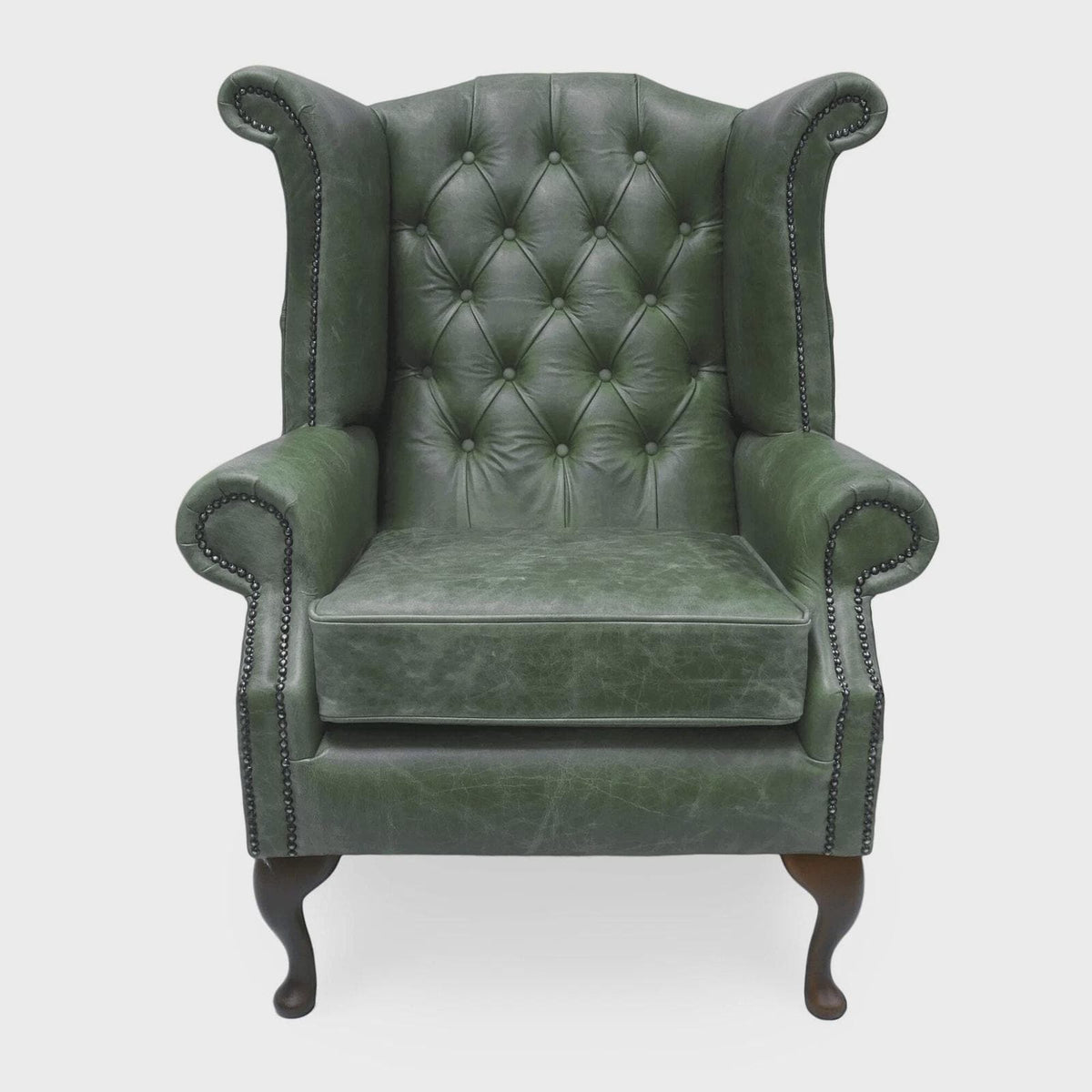 Handmade Italian Leather Queen Anne Wingback Chair – Deep Buttoned UK Armchair