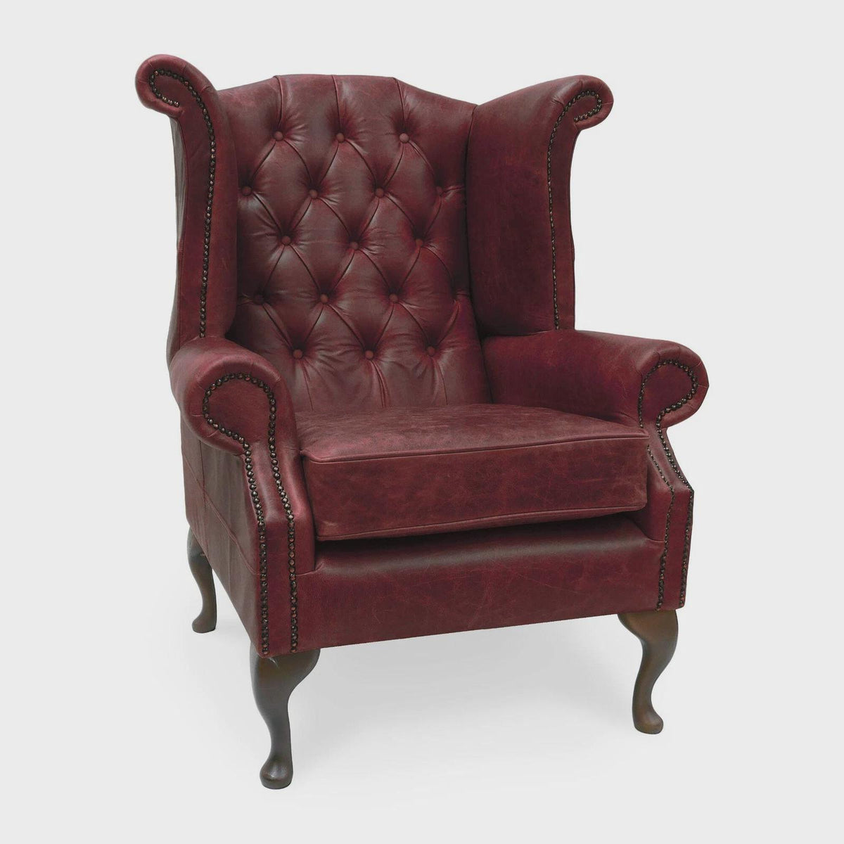 Handmade Italian Leather Queen Anne Wingback Chair – Deep Buttoned UK Armchair