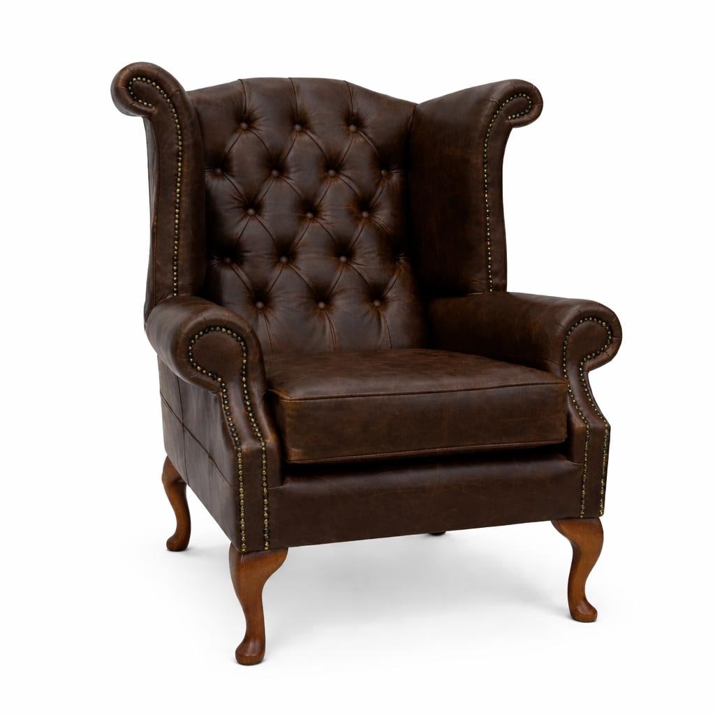 Handmade Italian Leather Queen Anne Wingback Chair – Deep Buttoned UK Armchair