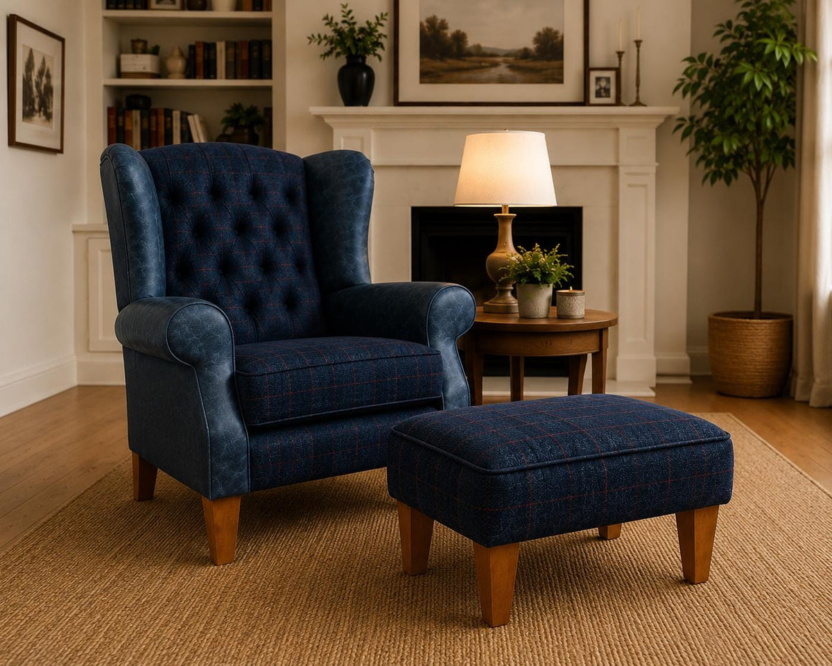 Blue Italian leather and Royal Harris Tweed wingback chair with matching footstool in a living room
