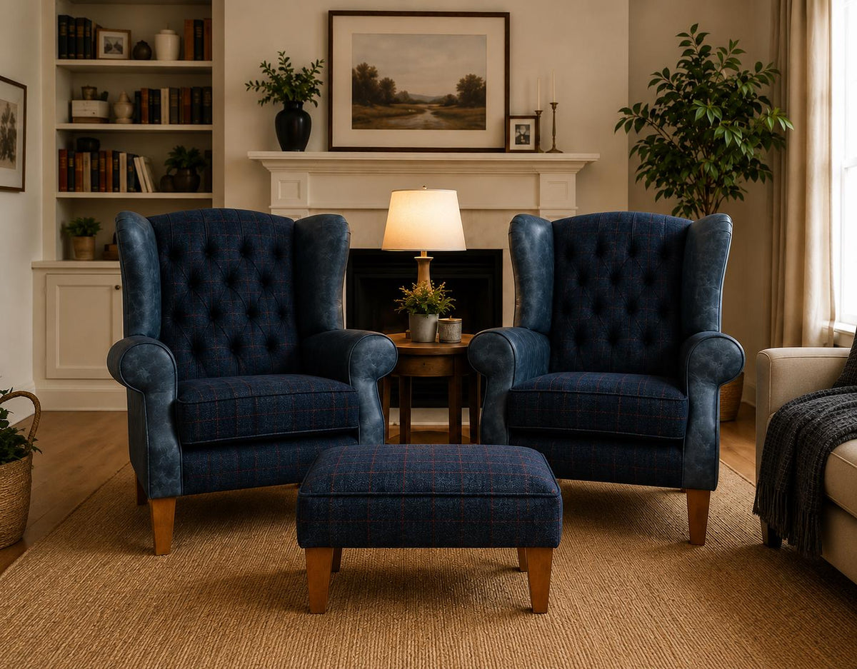 Pair of blue Italian leather and Royal Harris Tweed wingback chairs with matching footstool