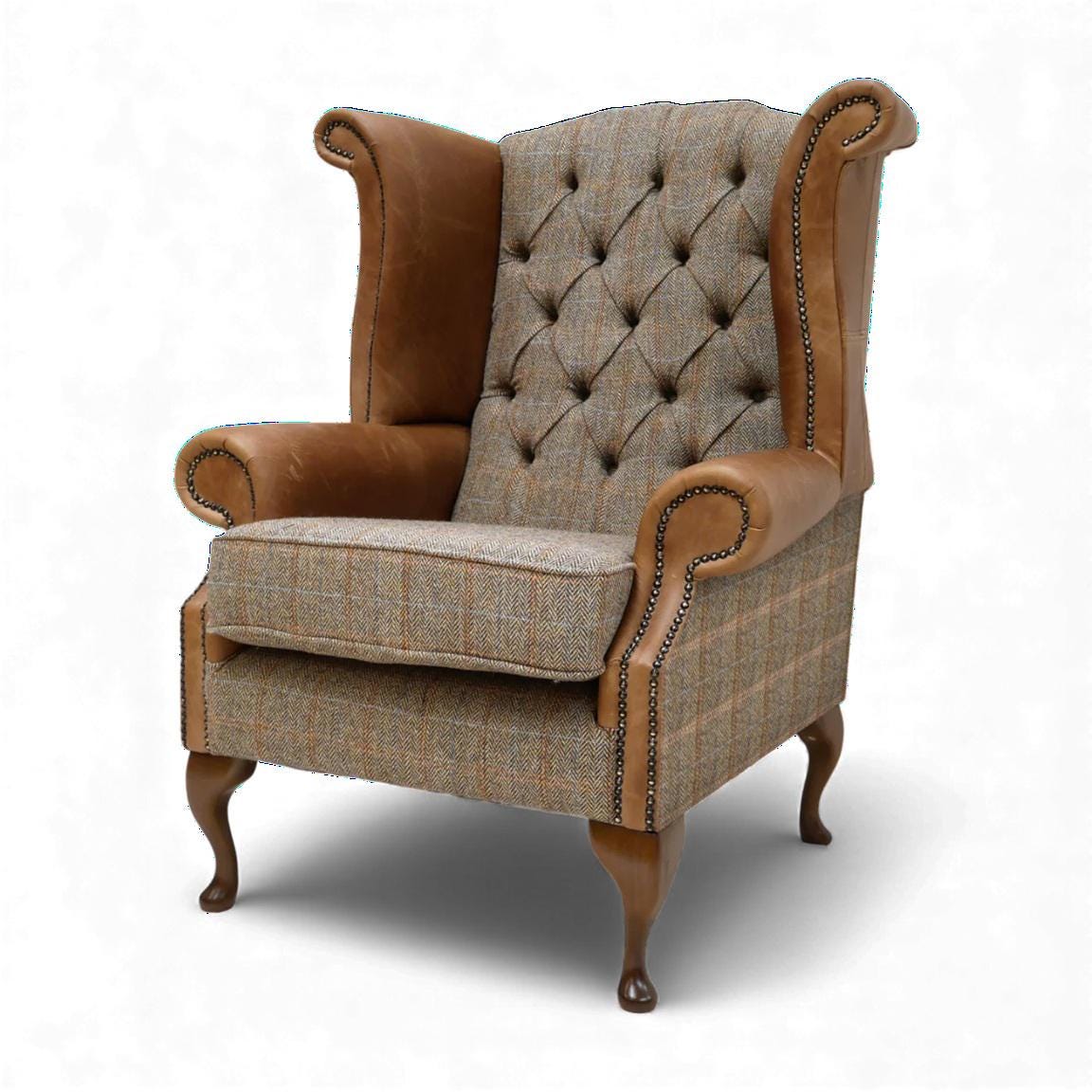 Handmade Leather & Harris Tweed Wingback Chair, Queen Anne Fireside Armchair UK Made