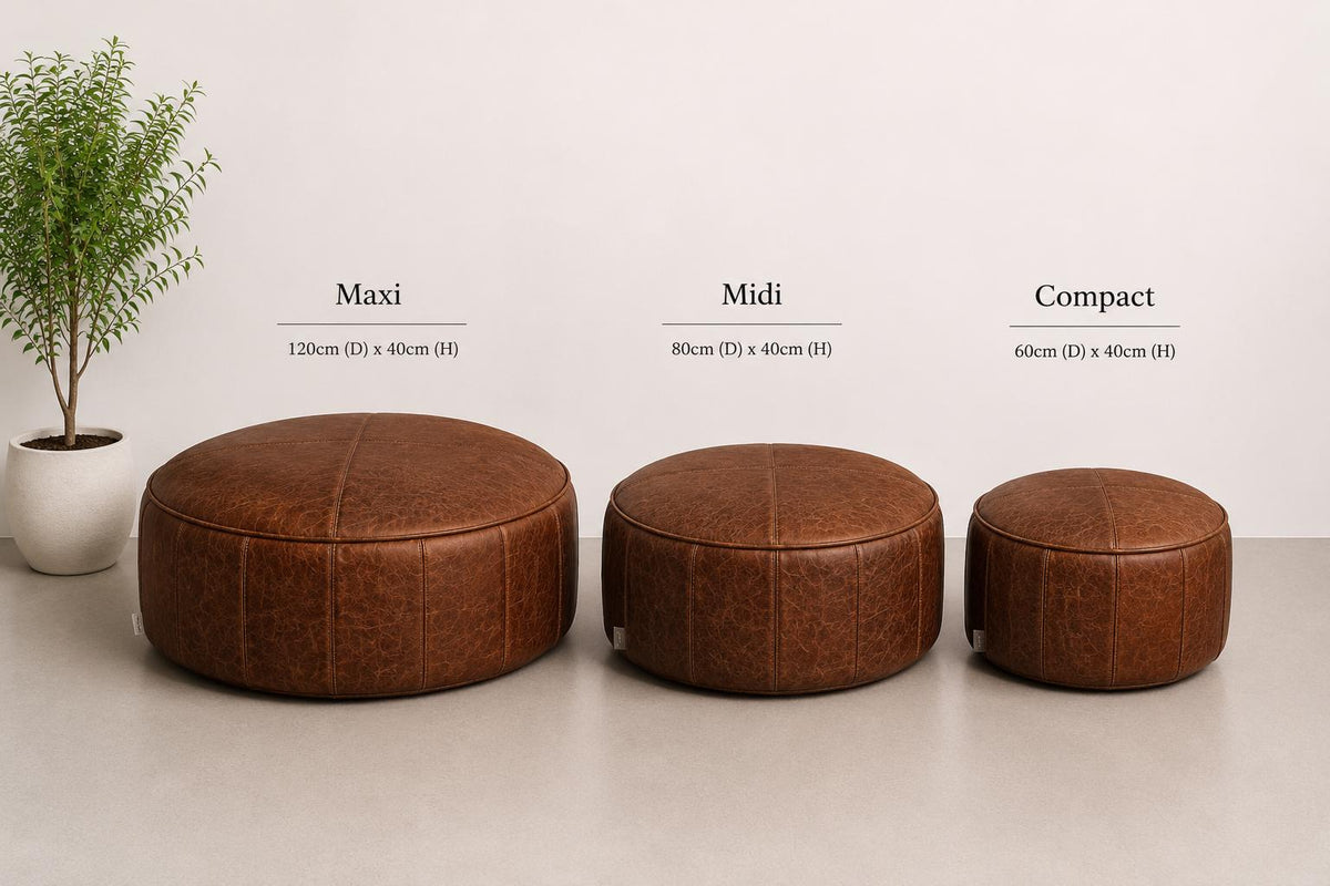 Handmade Round Italian Leather Bean Bag Footstool, Piped Pouffe Ottoman UK