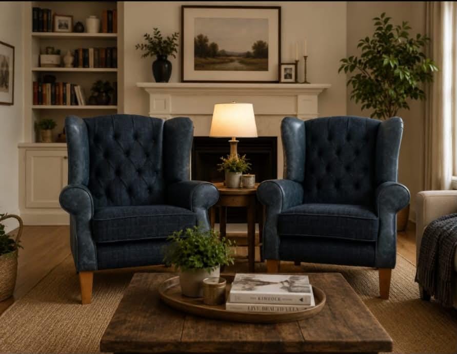 Pair of blue Italian leather and Royal Harris Tweed wingback chairs in a living room