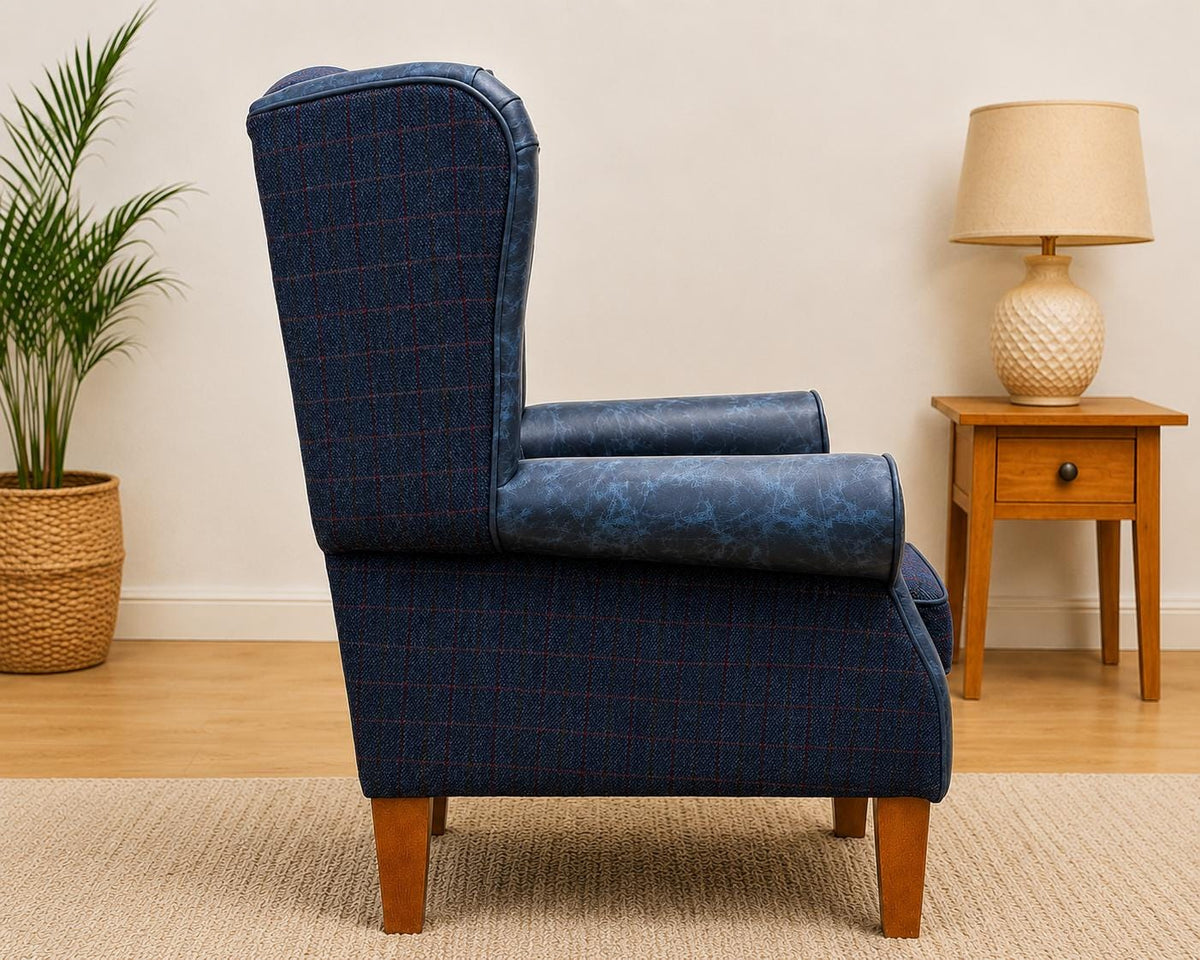 Side and rear view of blue Italian leather and Royal Harris Tweed wingback chair