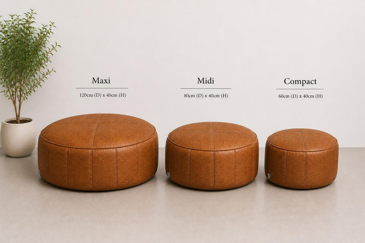 Handmade Round Italian Leather Bean Bag Footstool, Piped Pouffe Ottoman UK