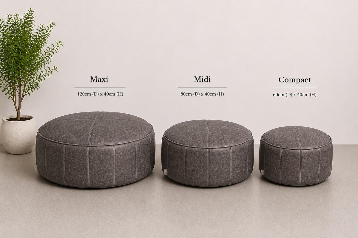 Handmade Round Italian Leather Bean Bag Footstool, Piped Pouffe Ottoman UK