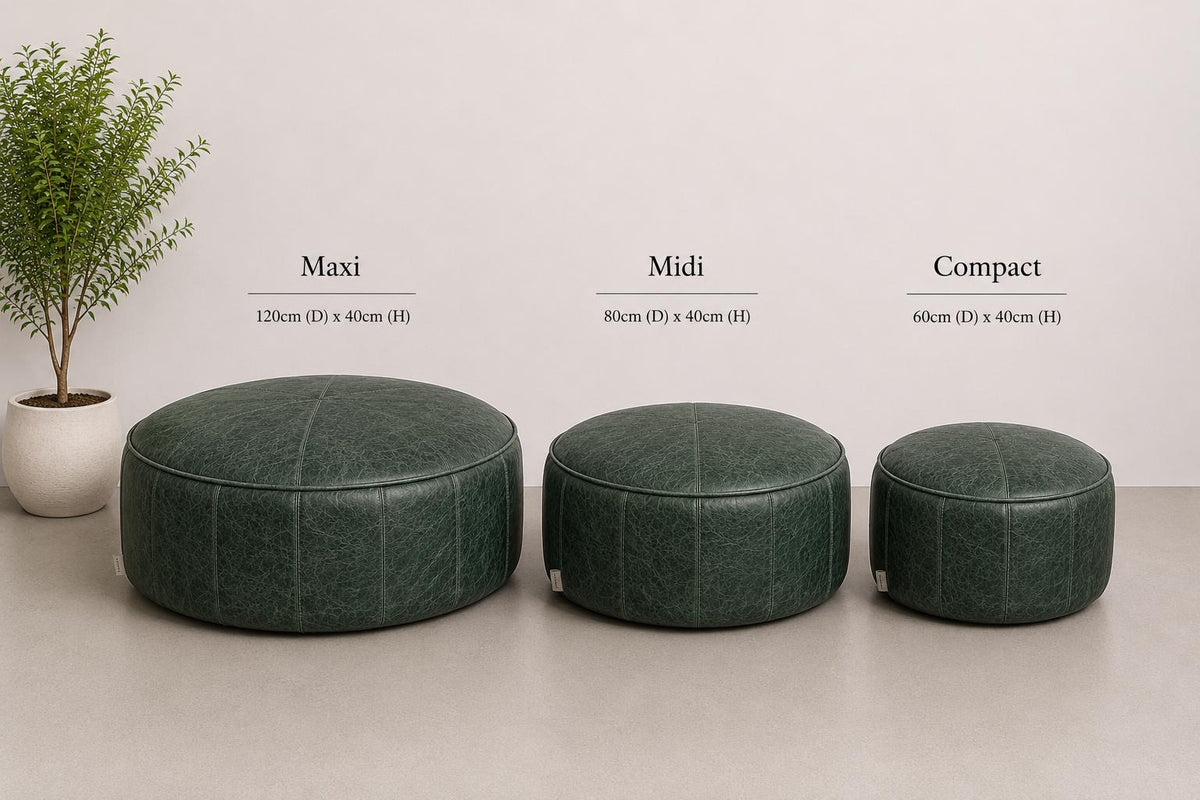 Handmade Round Italian Leather Bean Bag Footstool, Piped Pouffe Ottoman UK