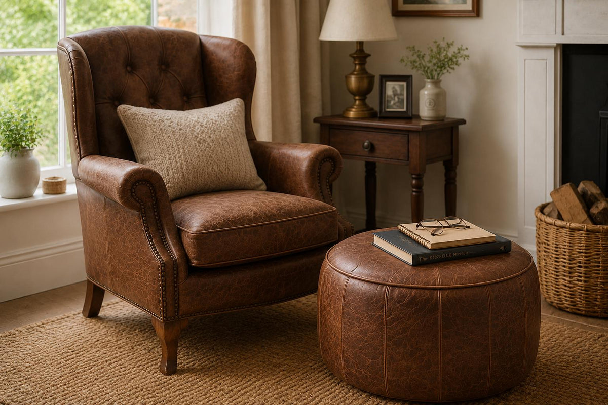 Handmade Round Italian Leather Bean Bag Footstool, Piped Pouffe Ottoman UK