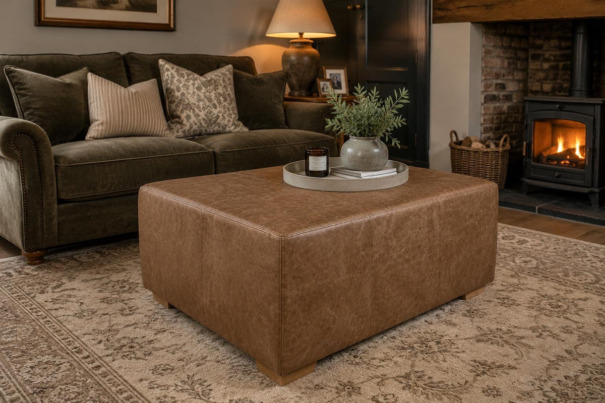 Handmade Vintage Italian Leather Footstool, UK Made Coffee Table Bench Ottoman, Large Living Room Stool