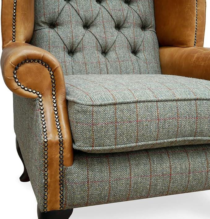 Handmade Leather & Harris Tweed Wingback Chair, Queen Anne Fireside Armchair UK Made