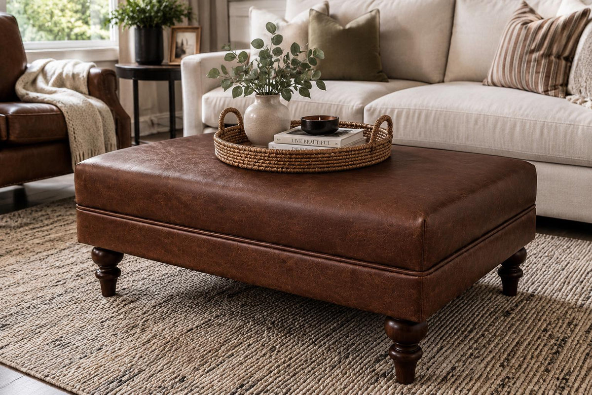 Plain Top Italian Leather Ottoman, Handmade Coffee Table Footstool UK Made
