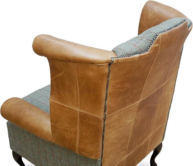 Handmade Leather & Harris Tweed Wingback Chair, Queen Anne Fireside Armchair UK Made