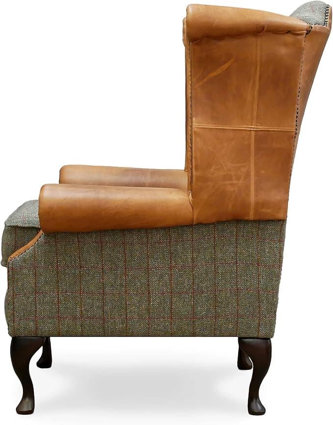 Handmade Leather & Harris Tweed Wingback Chair, Queen Anne Fireside Armchair UK Made