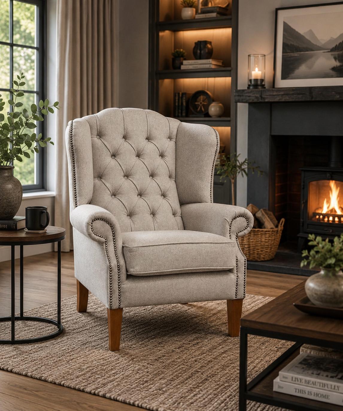 Handmade Wool Wingback Chair, Buckingham Fireside Armchair, Deep Buttoned, UK Made