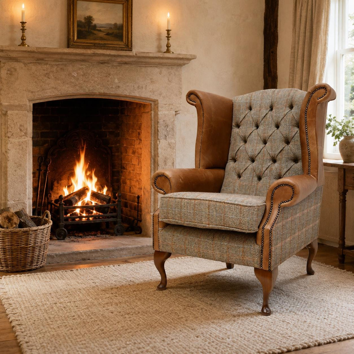 Handmade Leather & Harris Tweed Wingback Chair, Queen Anne Fireside Armchair UK Made