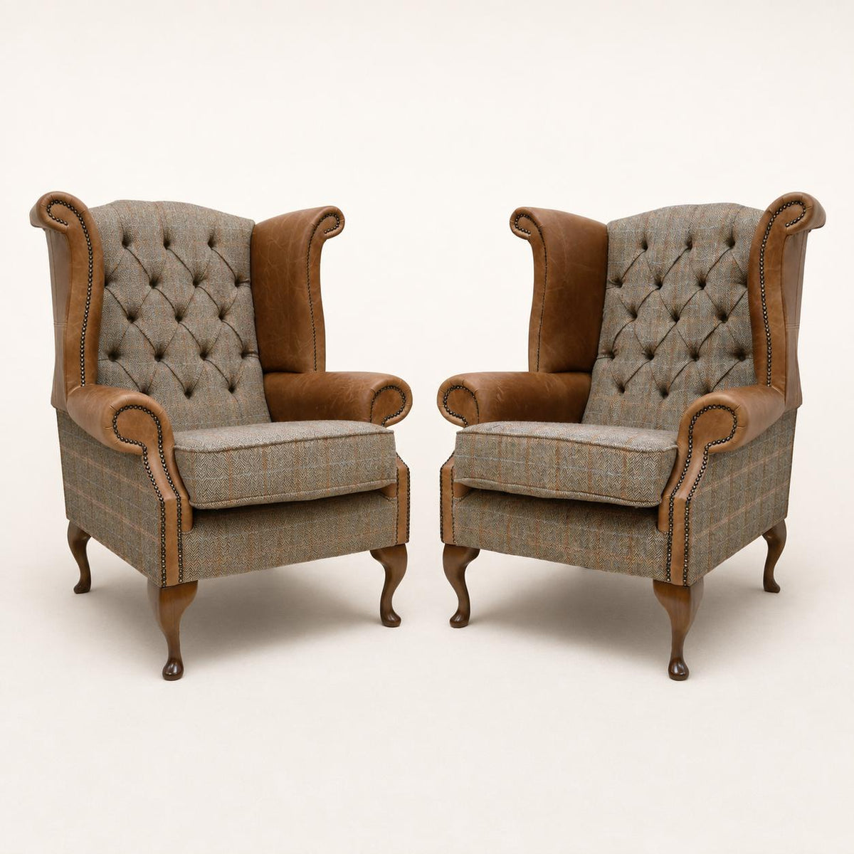 Pair of Handmade Leather & Harris Tweed Queen Anne Wingback Chairs – UK Made