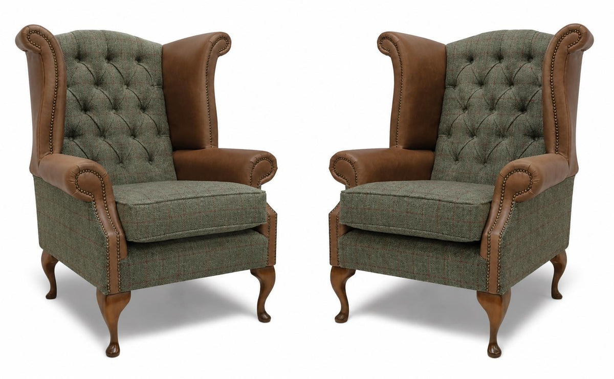Pair of Handmade Leather & Harris Tweed Queen Anne Wingback Chairs – UK Made