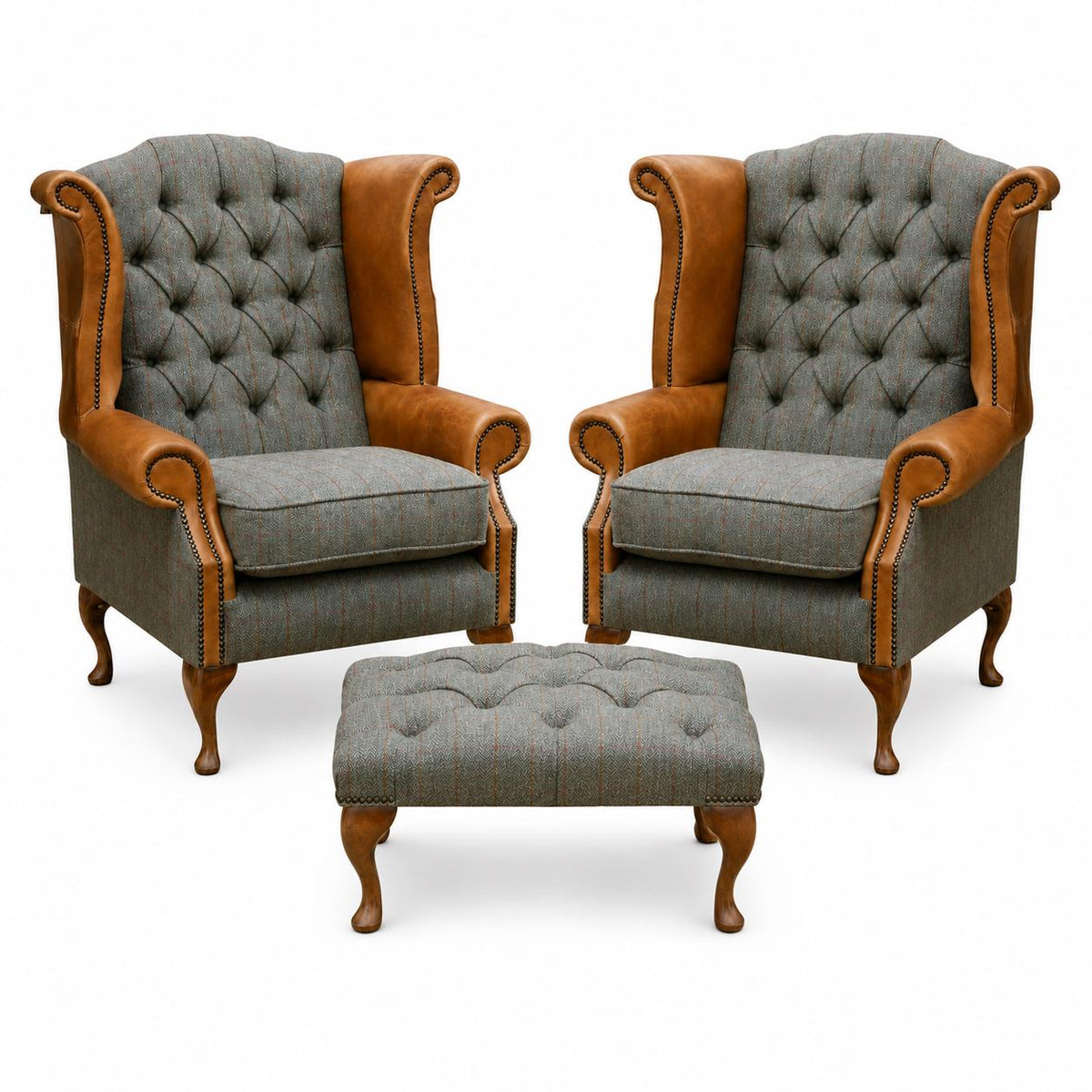 Pair of Handmade Leather & Harris Tweed Queen Anne Wingback Chairs – UK Made