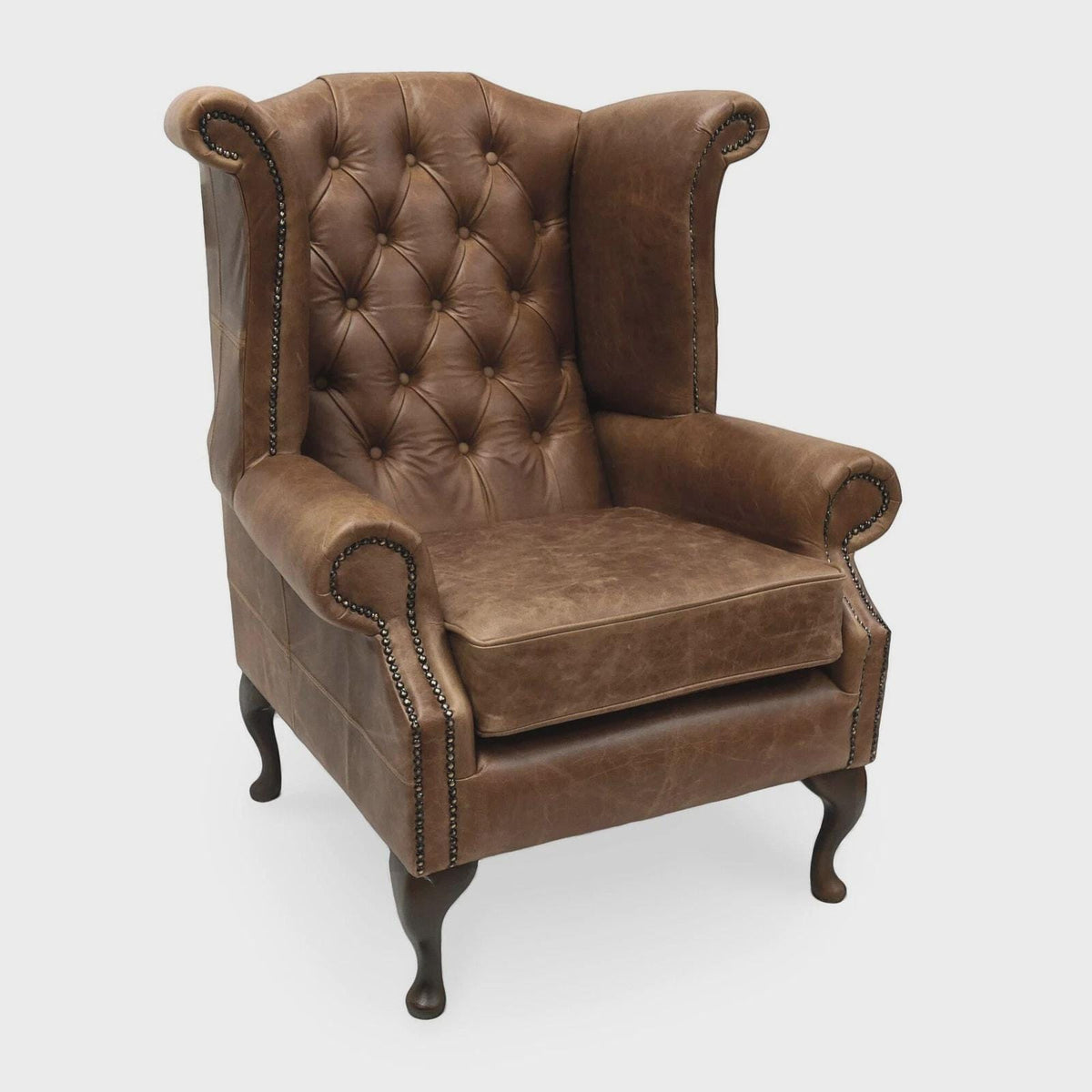 Handmade Italian Leather Queen Anne Wingback Chair – Deep Buttoned UK Armchair