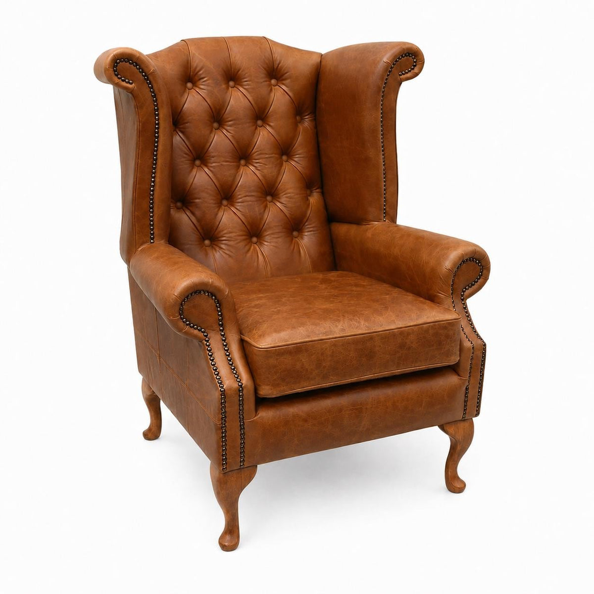Handmade Italian Leather Queen Anne Wingback Chair – Deep Buttoned UK Armchair