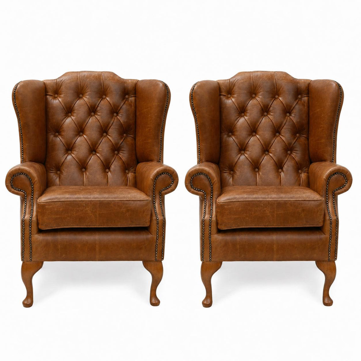 Pair of Handmade Buckingham Italian Leather Wingback Chairs, Deep Buttoned UK Made