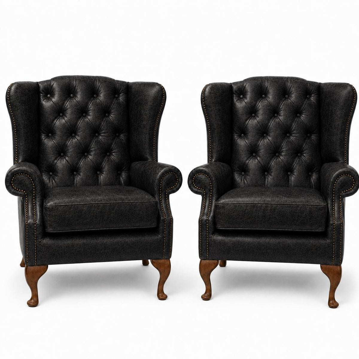 Pair of Handmade Buckingham Italian Leather Wingback Chairs, Deep Buttoned UK Made