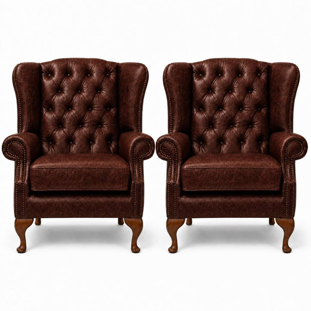Pair of Handmade Buckingham Italian Leather Wingback Chairs, Deep Buttoned UK Made